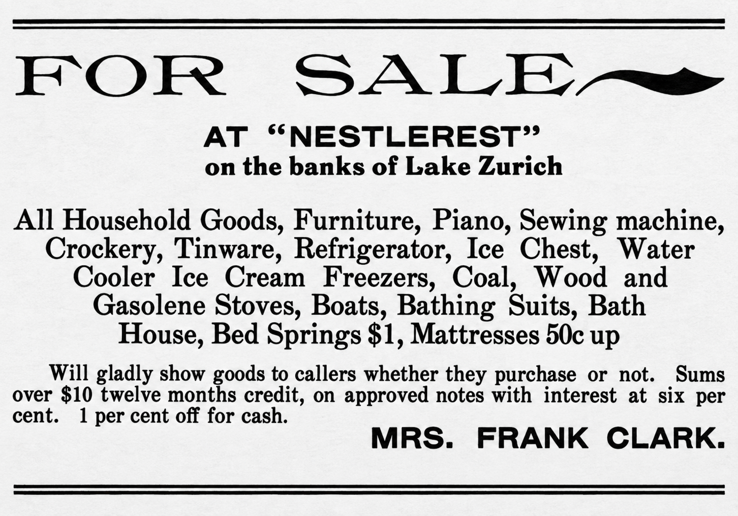October 6, 1900 Barrington Review advertisement for a sale at Nestlerest, listing furniture, boats, bathing suits, and a bath house